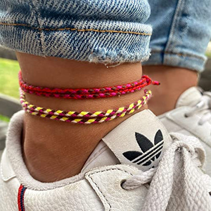 Made by Nami 2 Pcs Wave String Ankle Bracelets for Women Waterproof & Adjustable Thin Braided Anklet Surfer Boho Ankle Bracelet Set of 2 Beach Accessories - color: Dark Red Set