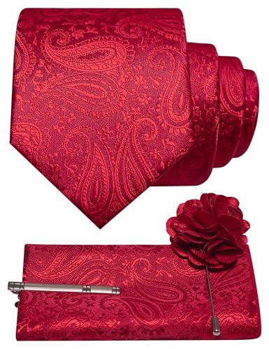 JEMYGINS Mens Paisley Tie and Lapel Pin Necktie Pocket Square and Tie Clip with Sets for Business Casual 4PCS - color: Red1