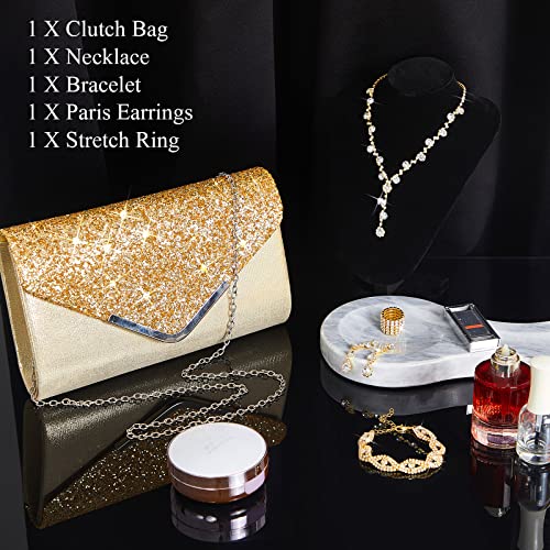 Henoyso 5 Pcs Purse Rhinestone Jewelry Set Prom Jewelry Rhinestone Clutch Purse Necklace Earrings Bracelets for Women Bride - color: Gold