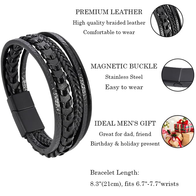 Mens Leather Bracelet Multi-Layer Braided Bracelet Wristband Father's Day Birthday Jewelry Gifts 8.5" Classic Bracelet with Stainless Steel Buckle - color: black