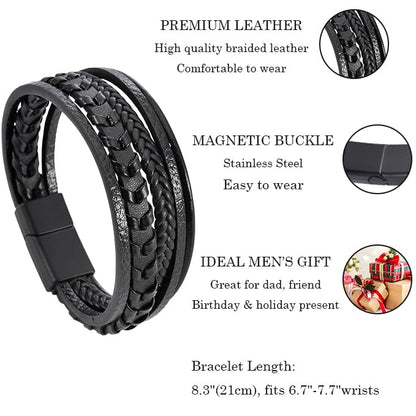 Mens Leather Bracelet Multi-Layer Braided Bracelet Wristband Father's Day Birthday Jewelry Gifts 8.5" Classic Bracelet with Stainless Steel Buckle - color: black