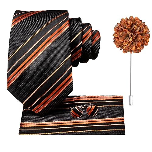 Hi-Tie Men's Silk Ties Formal Woven Classic Necktie Pocket Square Cufflinks Lapel Pin Set Wedding Business - color: Black and Deep Orange