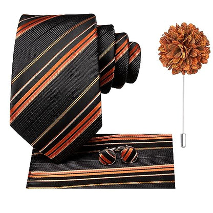 Hi-Tie Men's Silk Ties Formal Woven Classic Necktie Pocket Square Cufflinks Lapel Pin Set Wedding Business - color: Black and Deep Orange