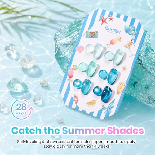 Beetles Blue Gel Nail Polish Set, Summer Voyage Glitter & Cat Eye Effects | 6 Mint Green Gel Polish Colors with Nail Art Stickers&Scrunchie for Soak-Off Uv Manicure Kits And Gifts - color: Shore Light