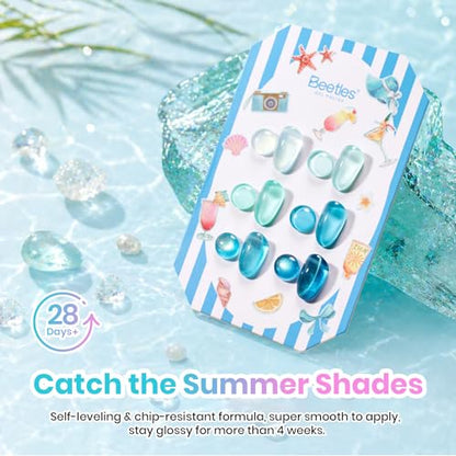 Beetles Blue Gel Nail Polish Set, Summer Voyage Glitter & Cat Eye Effects | 6 Mint Green Gel Polish Colors with Nail Art Stickers&Scrunchie for Soak-Off Uv Manicure Kits And Gifts - color: Shore Light