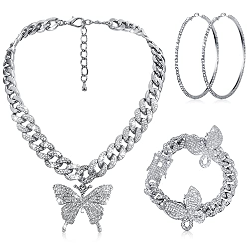 3 Pcs Butterfly Cuban Jewelry Set Cuban Link Chain Necklace for Women Rhinestone Pendant Necklace Bracelet Large Hoop - color: Silver, style: Classic