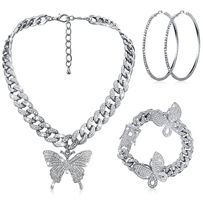 3 Pcs Butterfly Cuban Jewelry Set Cuban Link Chain Necklace for Women Rhinestone Pendant Necklace Bracelet Large Hoop - color: Silver, style: Classic