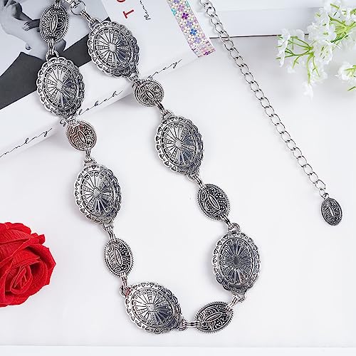 Jmkcoz Women Western Concho Chain Belt Silver Metal Oval Waist Chain Belt for Dresses Jeans Country Cowgirl - color: Silver