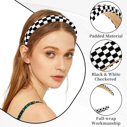 5 PCS Checkered Headbands, Black and White Padded Headband for Women Girls Buffalo Plaid Wide Hair Bands Non-Slip Stretch Hair Accessories
