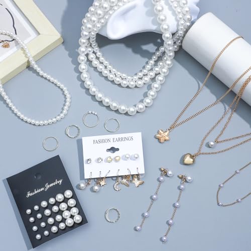 NEWITIN 68 Pieces Pearl Jewelry Set for Women Fashion Costume Jewelry Gold Plated Necklace Bracelet Ring Earrings Set for Women