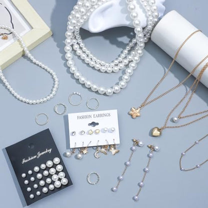 NEWITIN 68 Pieces Pearl Jewelry Set for Women Fashion Costume Jewelry Gold Plated Necklace Bracelet Ring Earrings Set for Women