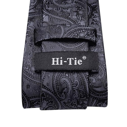Hi-Tie Men 63inches Tie Set Extra Long Necktie Paisley Tie Pocket Suqare Cufflinks Big and Tall Men Tie - color: Black
