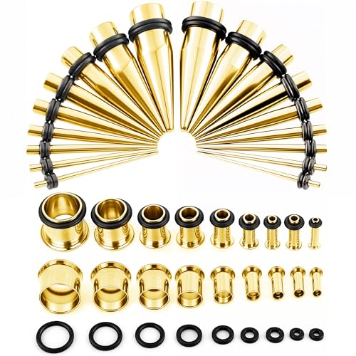 BodyJ4You 36PC Ear Stretching Kit - Complete Beginner Set 14G-00G | Gauges for Ears Stainless Steel Tapers Single Flare Plugs Tunnels - Dead Stretching Lobe Men Women Expander - color: Goldtone, Single Flare