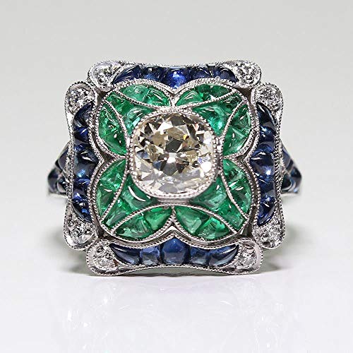 Yuren 925 Sterling Silver Vintage Emerald Ring Blue Sapphire White Topaz Ring Women Wedding Fashion Jewelry Size 6-10