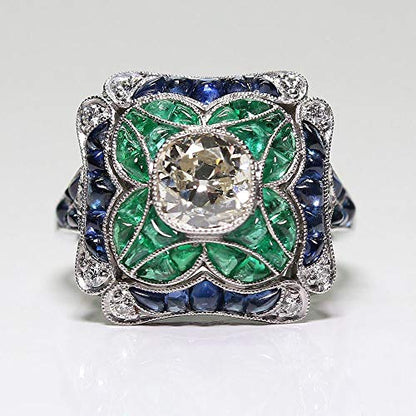 Yuren 925 Sterling Silver Vintage Emerald Ring Blue Sapphire White Topaz Ring Women Wedding Fashion Jewelry Size 6-10