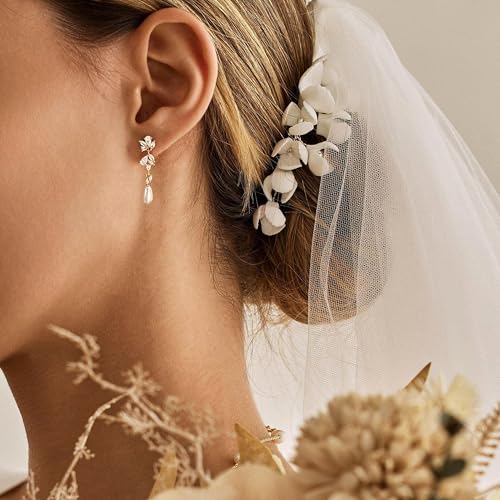 Pearl Earrings for Women:Gold Wedding Dangle Drop Earring Pearl Jewelry | 14K Gold Plated Pearl Drop Earrings for Women,Dainty Wedding Bride Earring Studs,Gold Dangle Drop Earring,Waterproof Jewelry - size: 1 pcs-15
