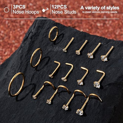 20G/18G Nose Studs Stainless Steel Nose Piercing Nose Ring Set I L S Shape Body Piercing Nose Hoop Ring for Women Men - color: A-15PC-Gold