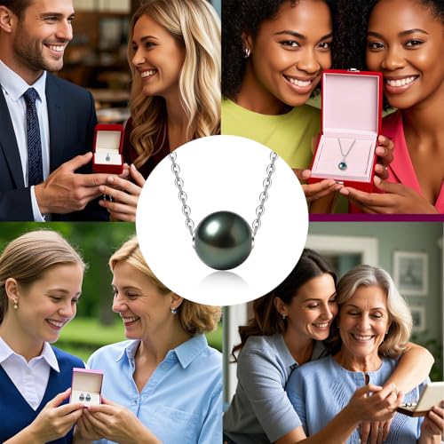 Genuine Tahitian Black Pearl Necklace for Women, 9-12mm AAAAA Handpicked Natural Black Pearl Pendant with 18K White Gold Plated Sterling Silver Chain, Luxury Jewelry Birthday Gifts for Wife, Women, Mother, Girlfriend, Anniversary, Valentines, Mothers Day