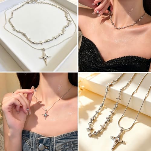 Gothic Cross Star Necklace For Men Women Silver Stainless Steel Cuban Link Paperclip Figaro Bead Chain Punk Kpop Y2k Goth Irregular Layered Cross Pendant Necklace Non Tarnish Jewelry Gift - color: Silver N