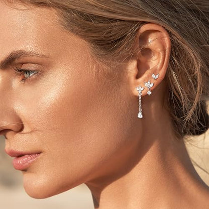 Sterling Silver Earrings Stacks for Women, Hypoallergenic Cartilage Earring | Dainty Stud Huggie Hoop Dangle Chain Earrings, 14K Gold/White Gold Plated - color: 3Pairs-Dangle CZ Set-Silver