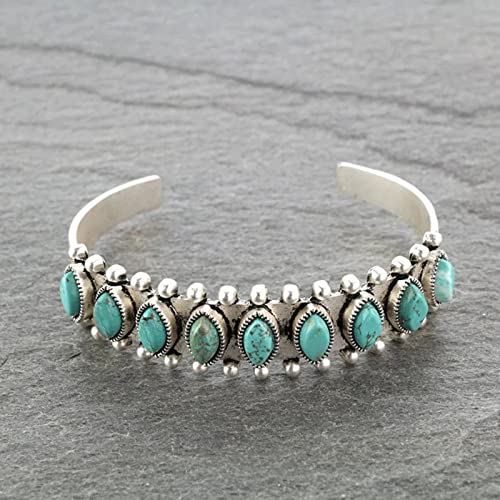 COLORFUL BLING Bohemian Turquoise Engraved Cuff Bracelet Natural Stone Adjustable Wrap Bangle Western Style Gemstone Boho Jewelry for Women - color: Green