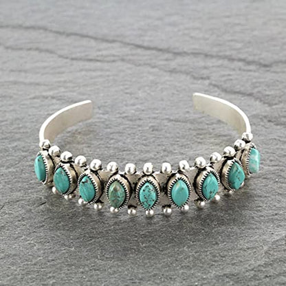 COLORFUL BLING Bohemian Turquoise Engraved Cuff Bracelet Natural Stone Adjustable Wrap Bangle Western Style Gemstone Boho Jewelry for Women - color: Green