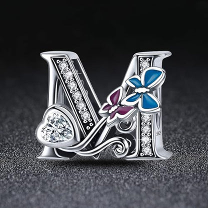 S925 Silver Butterfly Initial Letter Charms Fit for Pandora Charms Bracelets and Necklace Alphabet Bead Charms Jewelry Gifts for Women - color: M