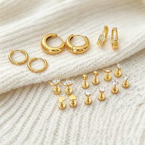 Stainless Steel Stud Earrings Set for Women Hypoallergenic Flat Back Cartilage Earrings Screw Back Huggie Hoop Earrings Multiple Piercing Cubic Zirconia Helix Tragus Jewelry - color: Set-A-14K Gold Plated