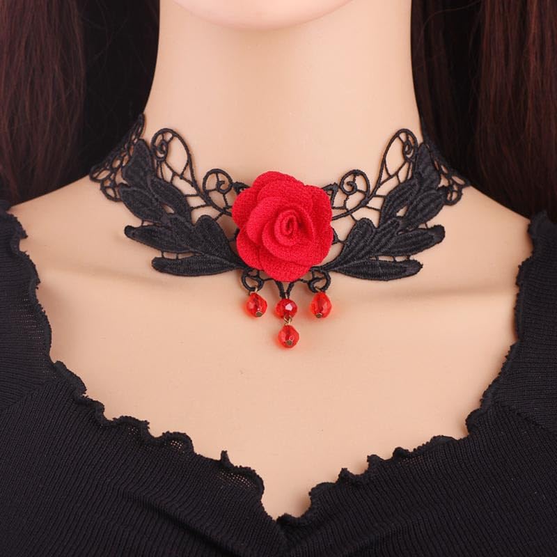 Goth Black Choker Necklace Crystal Bead Pendant Necklace for Women Gothic Velvet Lace Choker Halloween Vampire Witch Cosplay - color: C-Black and Red