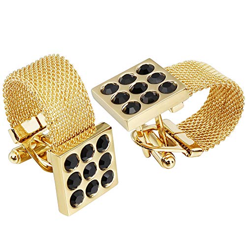 HAWSON Mens Cufflinks with Chain - Stone and Shiny Gold Tone Shirt Accessories - Party Gifts for Young Men - color: 24K Gold Color+Jat Black Crystal