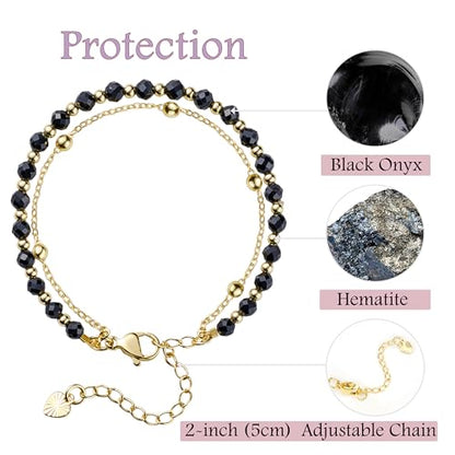 Farfume Crystal Beaded Bracelets for Women 4mm Natural Stone Jewelry Gifts | Natural Beads Gemstone,Handmade,Helper Tool,Yoga Protection,Hypoallergenic,Durability Wear - color: Black Onyx-Strength & Focus
