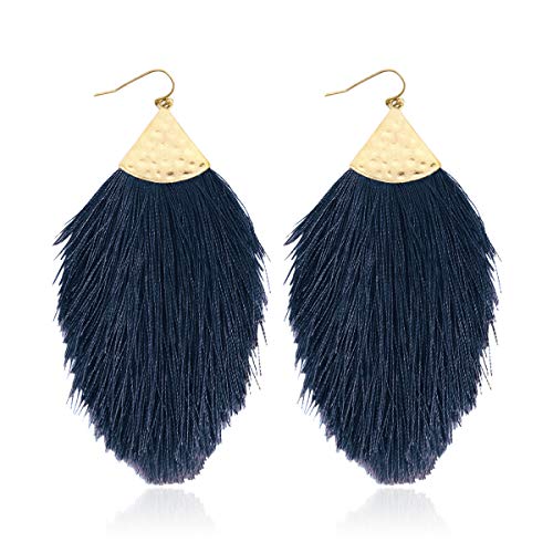Bohemian Silky Thread Fan Fringe Tassel Statement Earrings - Lightweight Strand Feather Shape Dangles - color: Feather Fringe - Navy