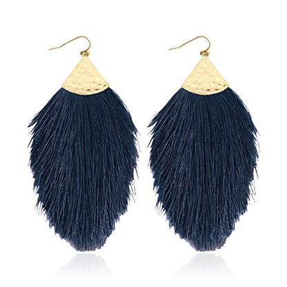 Bohemian Silky Thread Fan Fringe Tassel Statement Earrings - Lightweight Strand Feather Shape Dangles - color: Feather Fringe - Navy