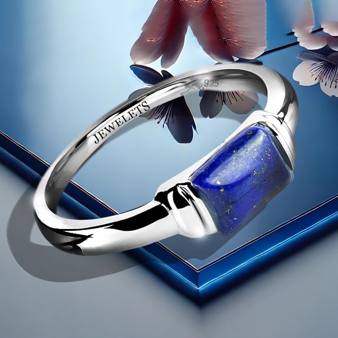 Lapis Lazuli Signet Ring for Men Women - Genuine Natural Gemstone Stone Ring in 925 Sterling Silver with Rhodium-Plated Band - Mens Signet Rings - Unisex Gift - Sizes 4-12