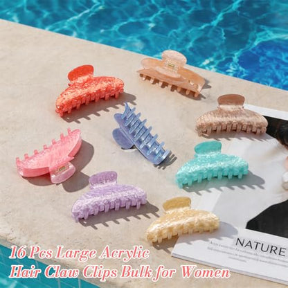 16 Pack Hair Claw Clips for Women - Large Non-Slip Acrylic Hair Claws for Thick Thin Hair, Cute Hair Barrettes Elegant & Durable, Fashion Hair Accessories Stylish Jaw Clips for Girls DIY Gift - size: Large 16 Pcs