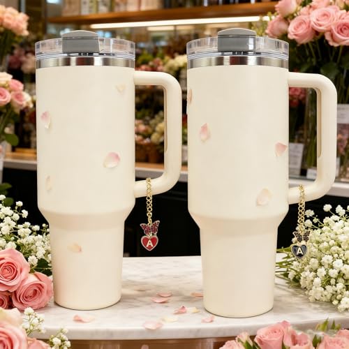 2Pcs Letter Charm Accessories for Stanley Cup,Name ID Initial Letter for Stanley 30&40 oz Tumbler with Handle,Heart Shape & Four Leaf Clover Initial Personalized Identification Charms Chain - color: black and red-T