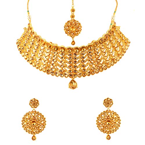 Aheli Elegant Indian Faux Kundan Studded Choker Necklace with Maang Tikka Set Ethnic Wedding Wear Bharatanatyam jewellery set Gift for Women - color: Gold 1