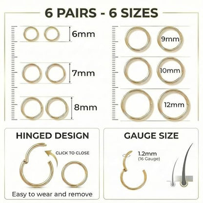6Pairs Nose Rings Hoops - 316L Surgical Steel Hinged Nose Hoops 16G/18G/20G Clicker Septum Nose Ring Lip Helix Cartilage Hoop Earring Daith Rook Conch Body Piercing Jewelry for Women Men 6mm 7mm 8mm 9mm 10mm 12mm - color: Gold, size: 16 gauge(1.2mm)