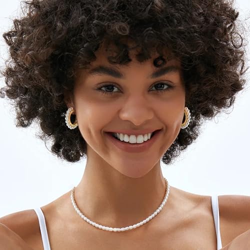 Trendy 14K Gold Plated Hoop Earrings for Women, Chunky Gold/Silver Earrings for Women Cubic Zirconia Baguette Hoop Earrings Heart Hoops Lightweight Hypoallergenic Jewelry,25mm/35mm/40mm/50mm - color: 01 Gold Pearl Hoops 25mm