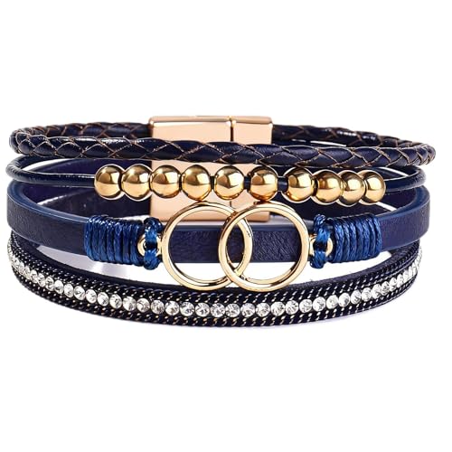 Leather Wrap Bracelets for Women, Boho Leopard Multi-Layer Crystal Beads Cuff Jewelry - color: J-Warp-013