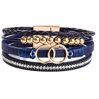 Leather Wrap Bracelets for Women, Boho Leopard Multi-Layer Crystal Beads Cuff Jewelry - color: J-Warp-013