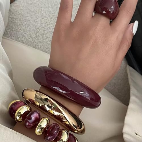 Chunky Gold Acrylic Bangle Bracelets for Women Chunky Resin Beaded Bracelets 14K Gold Plated Bangle Stack Statement Cuff Jewelry Gift - color: RED Bracelet