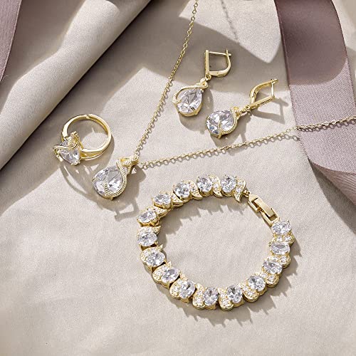 EVER FAITH Wedding Jewelry Set for Bride Bridesmaid, Glamour Teardrop Cubic Zirconia Pendant Necklace Earrings Tennis Bracelet Open Ring Sets for Birthday/Valentine's Day/Mother's Day/Christmas - color: A_Clear Gold-Plated-Brass