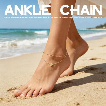 GAUEIOUR Adjustable Heart Layered Ankle Bracelets for Women | Waterproof 18K Gold Plated Stainless Steel Heart Charm Ankle Chain Summer Beach Vacation Party Jewellery for Women