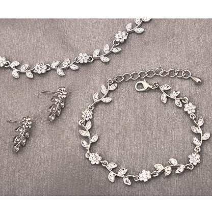 Austrian Crystal Rhinestone Choker Necklace Dangle Earring Link Bracelet Jewelry Set for Brides Bridesmaid Prom Costume Accessories for Women - color: White-Platinum Plated