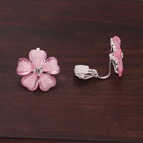 Silver Plated or Gold Plated Opal Flower Shape Clip on Earrings Non Piercing for Women - color: Pink