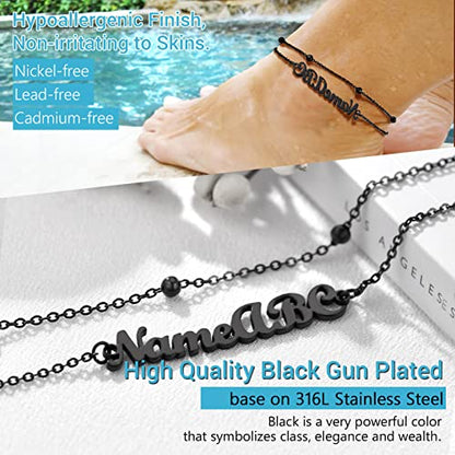 PROSTEEL Trendy Handcuffs Design/Customize Words Ankle Bracelet For Women, 316L Stainless Steel Anklets Silver/Gold/Black Tone, Hypoallergenic, Come with Box - style: 06 Customize-Bead Chain(8.5"-10.5")-Cool Black