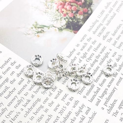 100pcs Large Hole Rhinestone Spacer Beads 10mm Silver Plated Czech Crystal Rhinestone for DIY Jewelry Making Charms Bracelet (Silver) - color: Silver