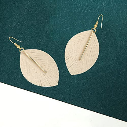 YUNXI Large Genuine Soft Leather Handmade Fringe Feather Lightweight Leaf with Simple Drop Metal Bar Tear Drop Dangle Color Earrings for Women - color: Beighe