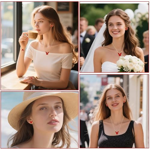 Butterfly Jewelry Set, Including Butterfly Necklace, Bracelet, Stud Earrings, and Adjustable Ring for Women - color: Red